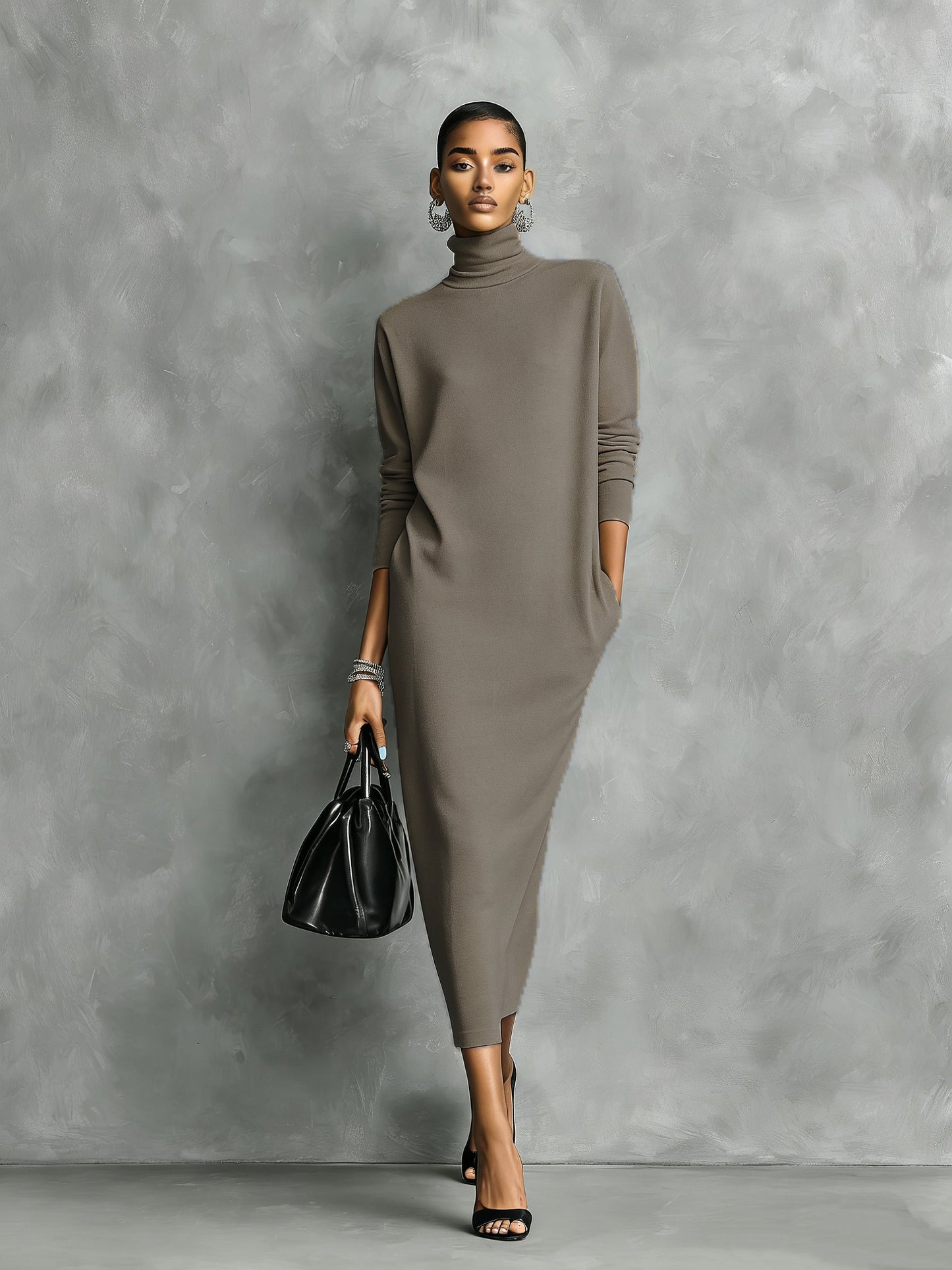 Turtleneck Long Sleeve Pocket Side Slit Dress