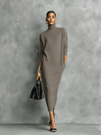 Turtleneck Long Sleeve Pocket Side Slit Dress