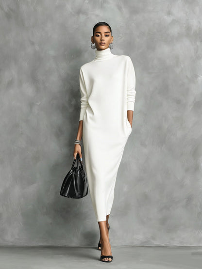 Turtleneck Long Sleeve Pocket Side Slit Dress
