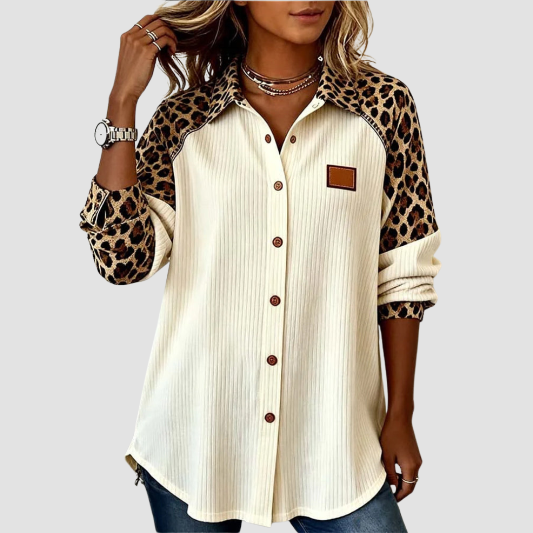 Women's Point Collar Long Sleeve Leopard Print Relaxed Fit Shirt