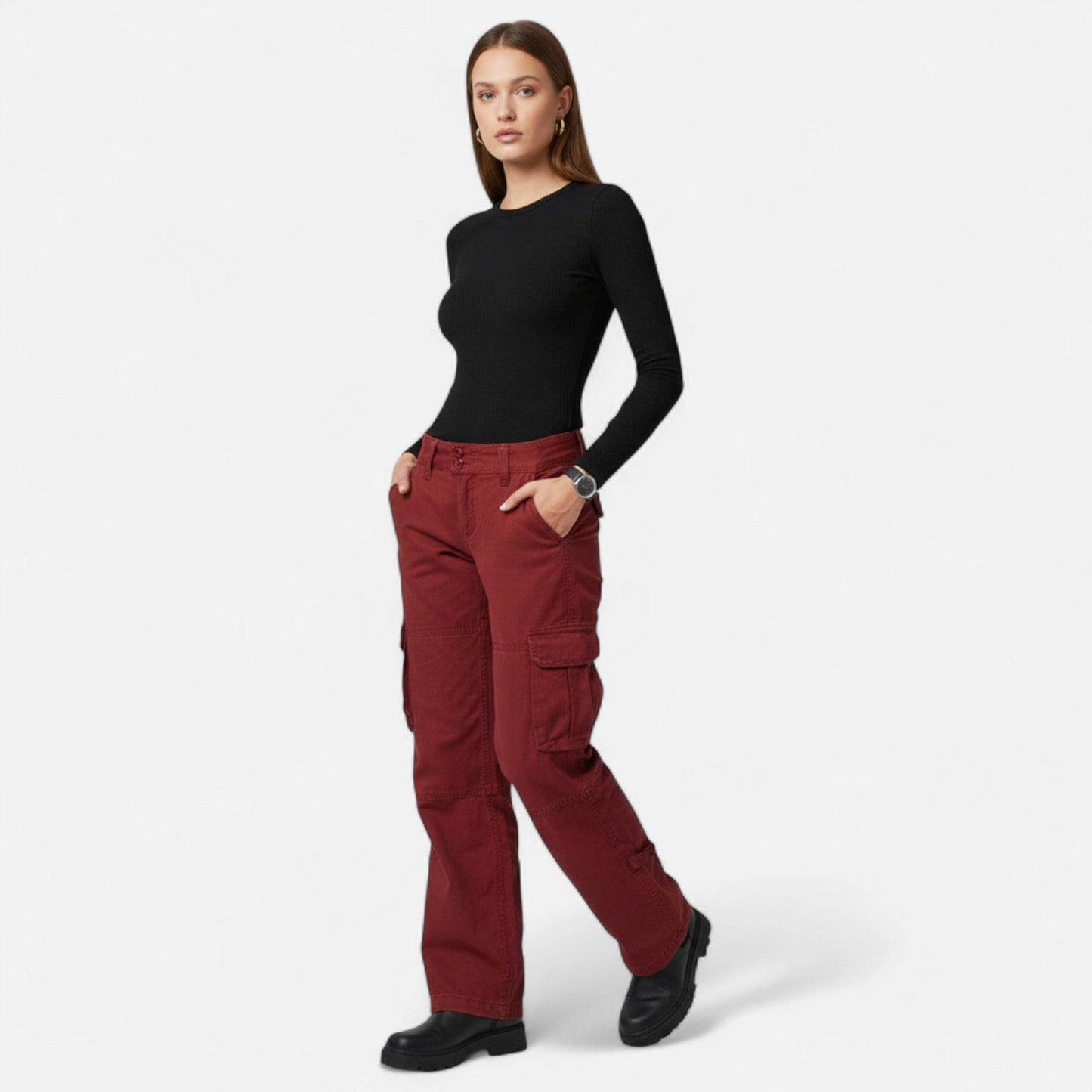 Low Waist Pocketed Zippered Seamed Straight Trousers
