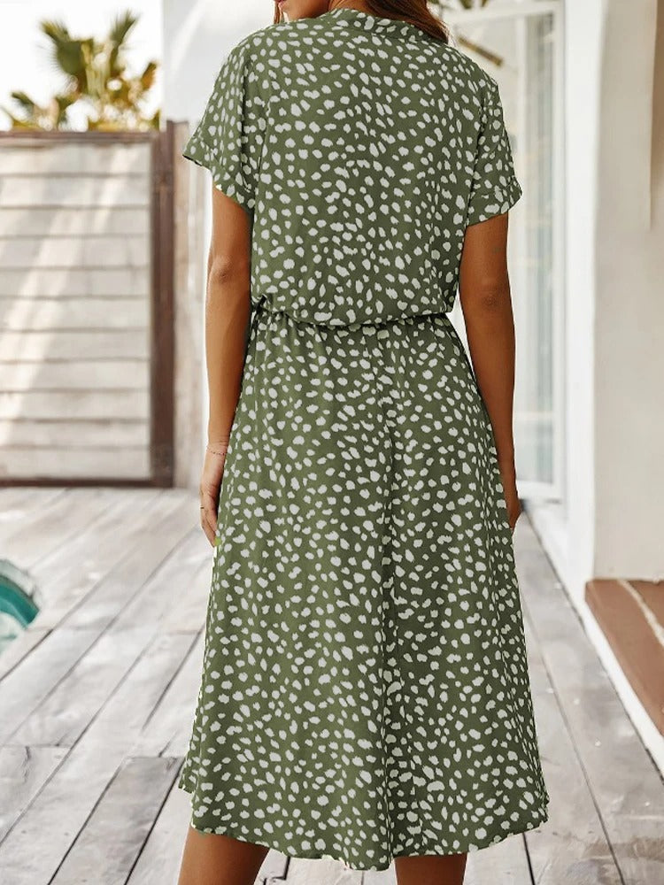 Printed Short Sleeve Drawstring Waist Dress