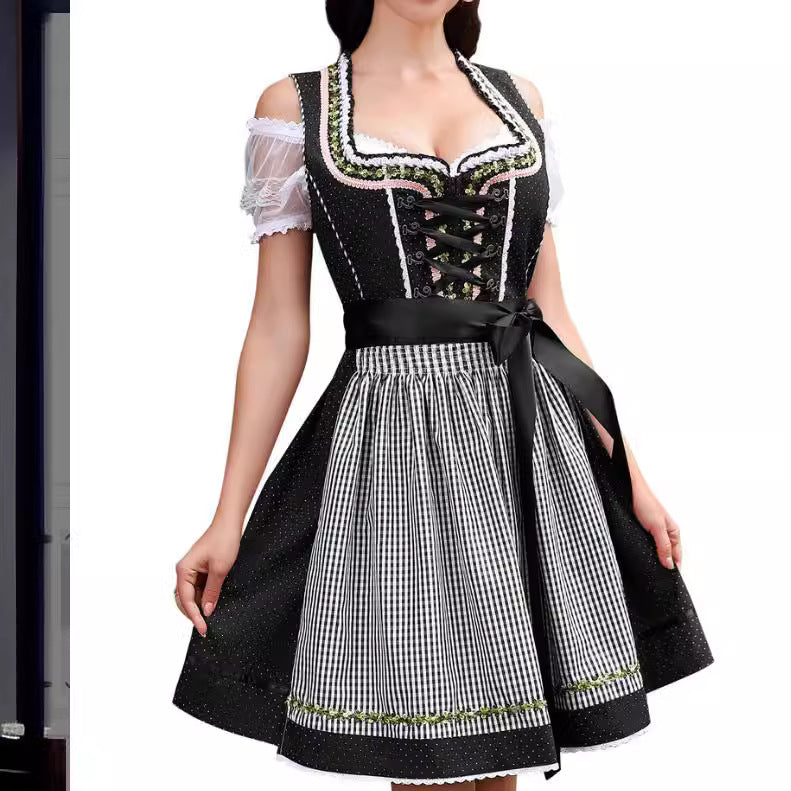 Women's Off-Shoulder Puff Sleeve Lace-Up Plaid Midi Dirndl Dress