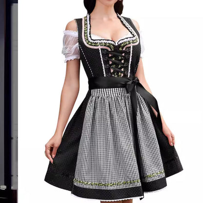 Women's Off-Shoulder Puff Sleeve Lace-Up Plaid Midi Dirndl Dress