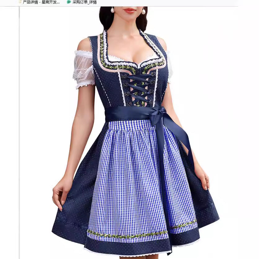 Women's Off-Shoulder Puff Sleeve Lace-Up Plaid Midi Dirndl Dress
