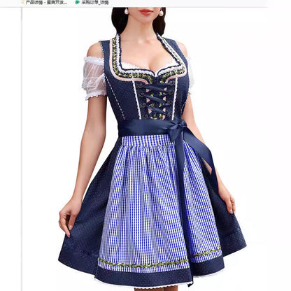 Women's Off-Shoulder Puff Sleeve Lace-Up Plaid Midi Dirndl Dress