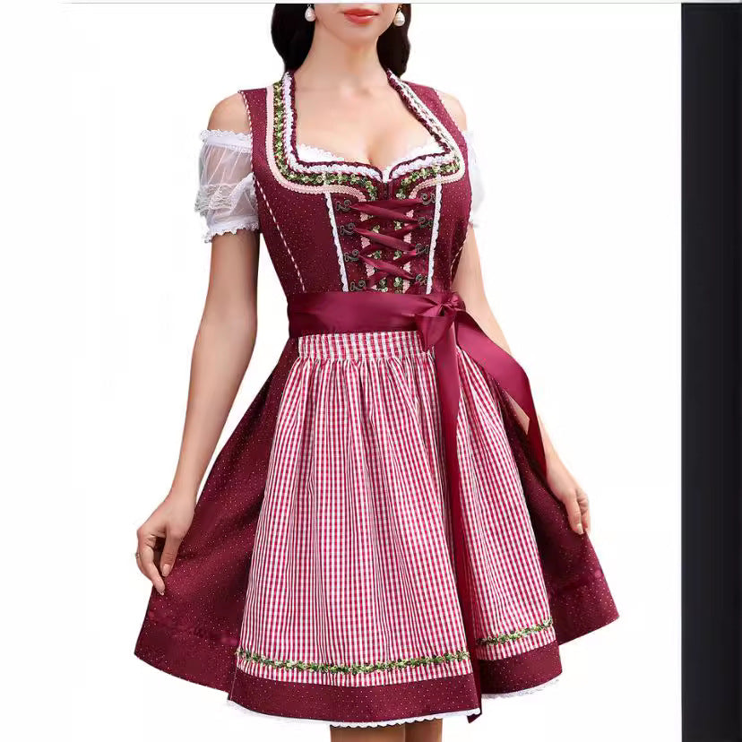 Women's Off-Shoulder Puff Sleeve Lace-Up Plaid Midi Dirndl Dress