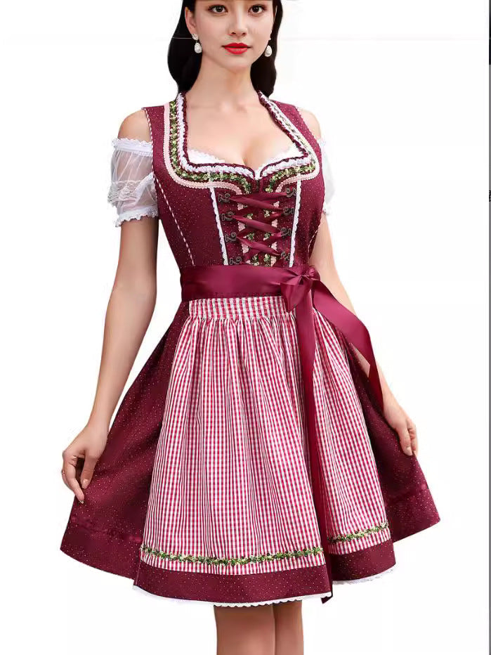 Women's Off-Shoulder Puff Sleeve Lace-Up Plaid Midi Dirndl Dress