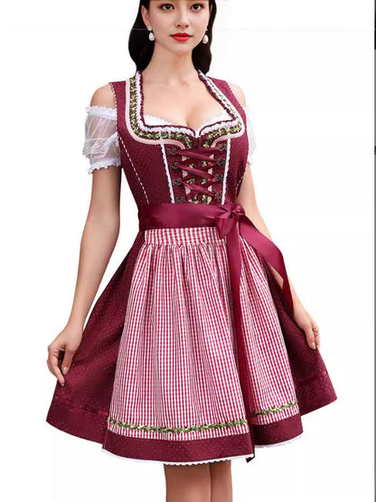 Women's Off-Shoulder Puff Sleeve Lace-Up Plaid Midi Dirndl Dress