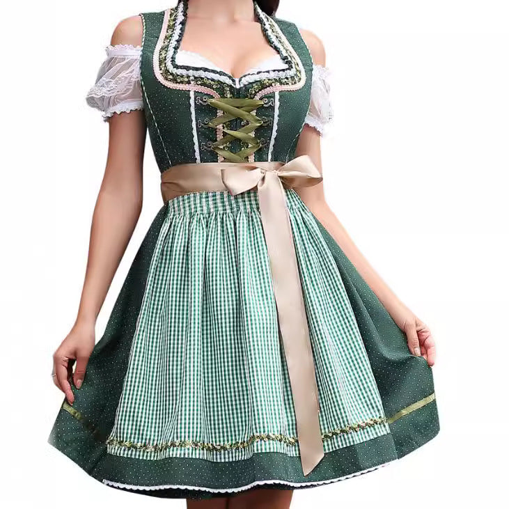 Women's Off-Shoulder Puff Sleeve Lace-Up Plaid Midi Dirndl Dress