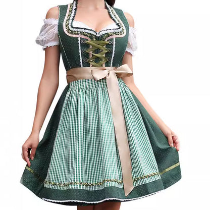 Women's Off-Shoulder Puff Sleeve Lace-Up Plaid Midi Dirndl Dress