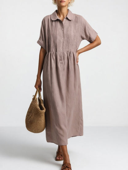 Collared Buttoned Gathered Loose Midi Dress
