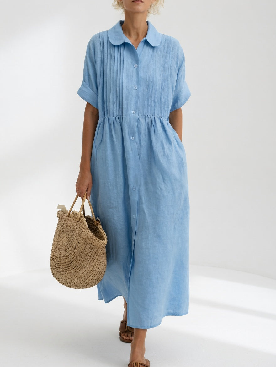 Collared Buttoned Gathered Loose Midi Dress