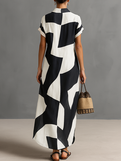Short Sleeve Graphic Patterned Slit Hem Dress