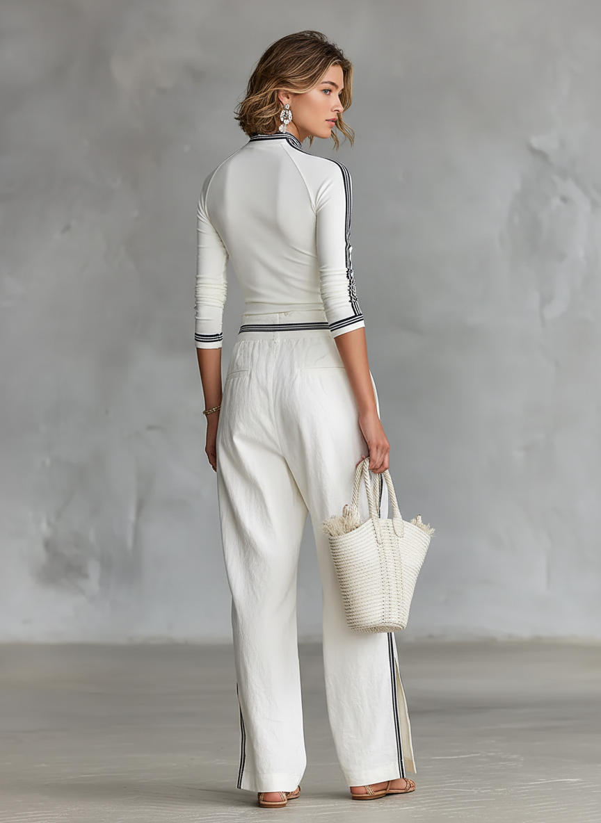 Mock Neck Raglan Sleeve Top Striped Fitted Trouser Set