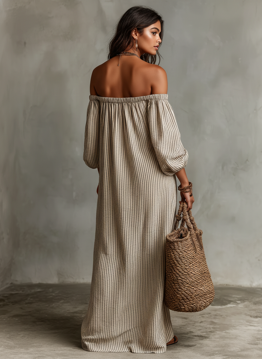 Off The Shoulder Striped Puff Sleeve Maxi Pocket Dress