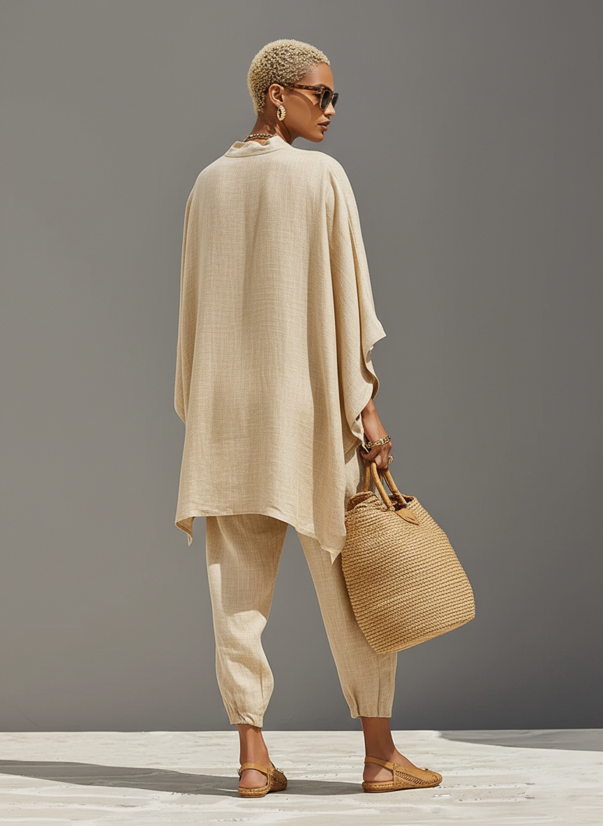 Loose Oversized Notched Wide Tapered Gathered Set