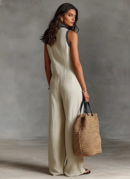 Embroidered Neckline Sleeveless Wide Leg Jumpsuit
