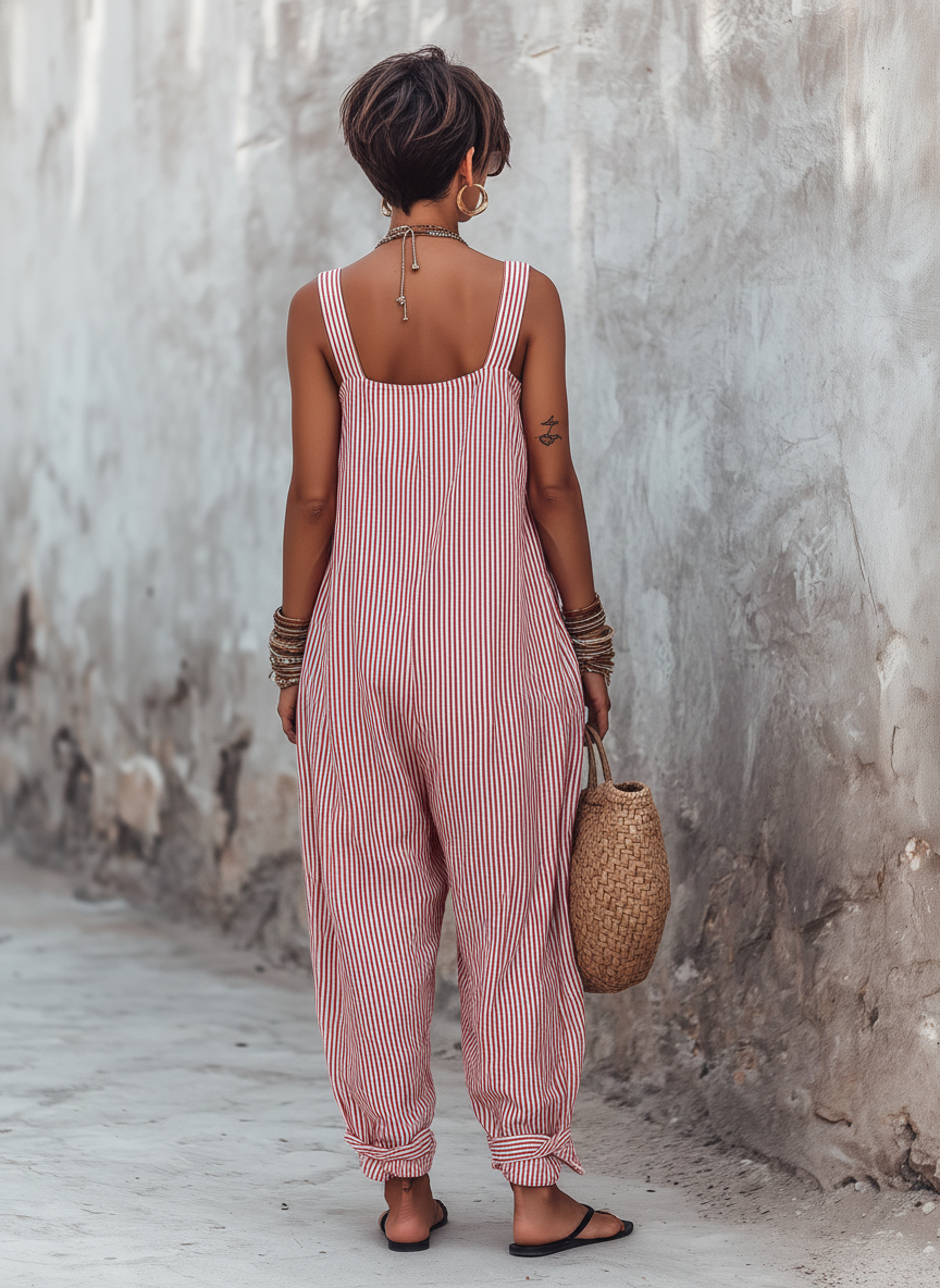 Striped Sleeveless Square Neck Wide Leg Jumpsuit