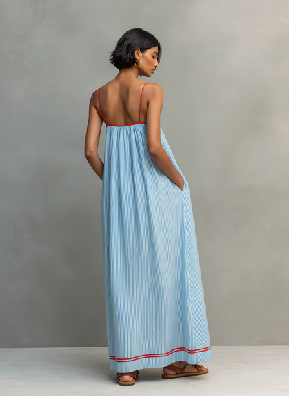 Striped Sleeveless Spaghetti Strap Gathered Maxi Dress