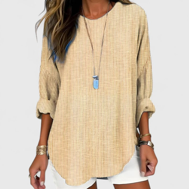 Striped Round Cuffed Curved Relaxed Long Top