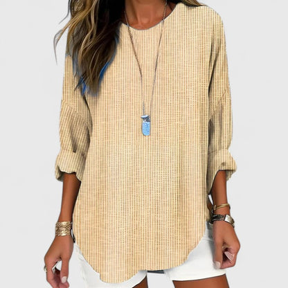 Striped Round Cuffed Curved Relaxed Long Top