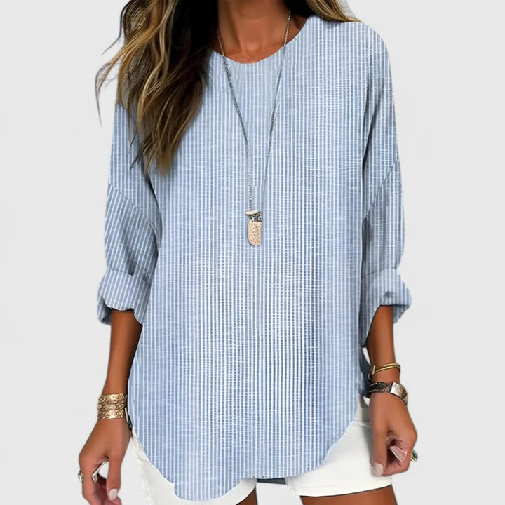 Striped Round Cuffed Curved Relaxed Long Top