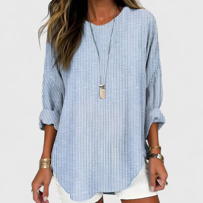 Striped Round Cuffed Curved Relaxed Long Top