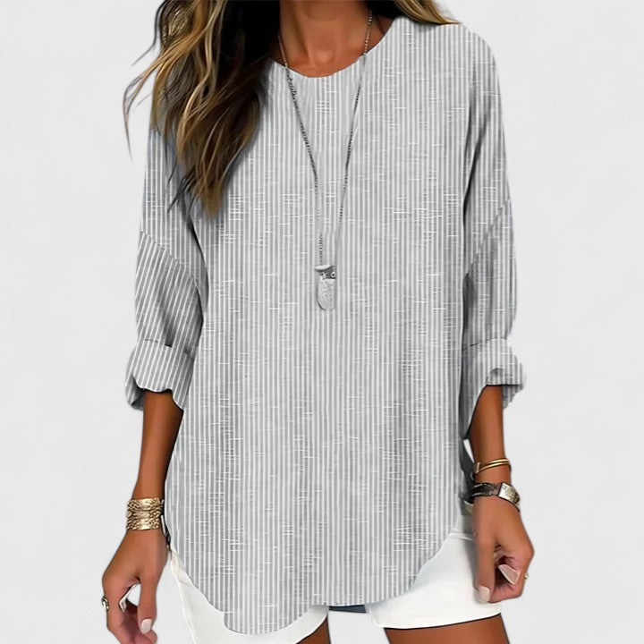 Striped Round Cuffed Curved Relaxed Long Top