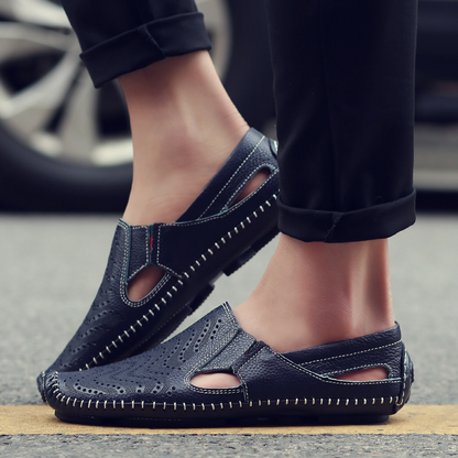Perforated Stitched Cutout Textured Flat Closed Sandals