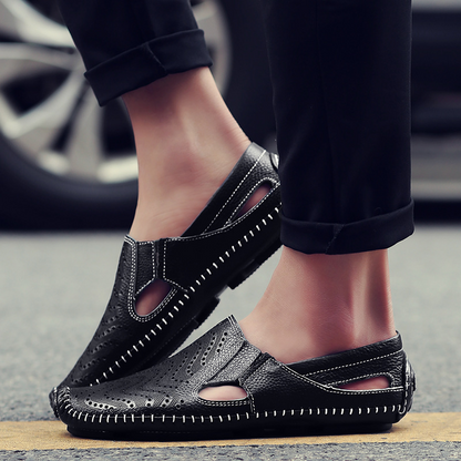 Perforated Stitched Cutout Textured Flat Closed Sandals