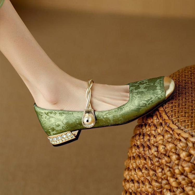 Twisted Strap Low Chunky Heel Patterned Shoes