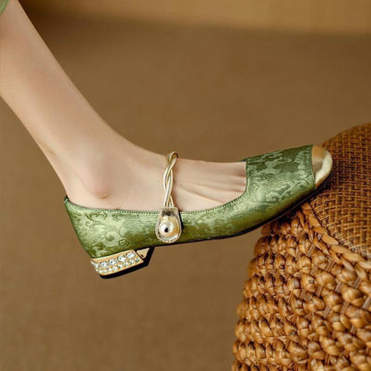 Twisted Strap Low Chunky Heel Patterned Shoes