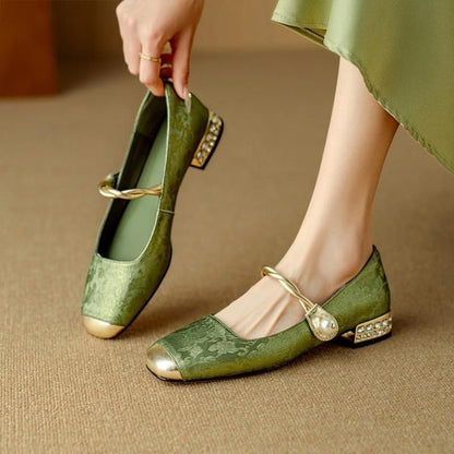 Twisted Strap Low Chunky Heel Patterned Shoes