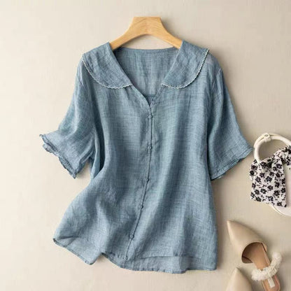 Ruffled Short Sleeve V Neck Blouse