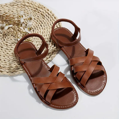 Open Round Flat Strappy Crossed Stitched Sandals