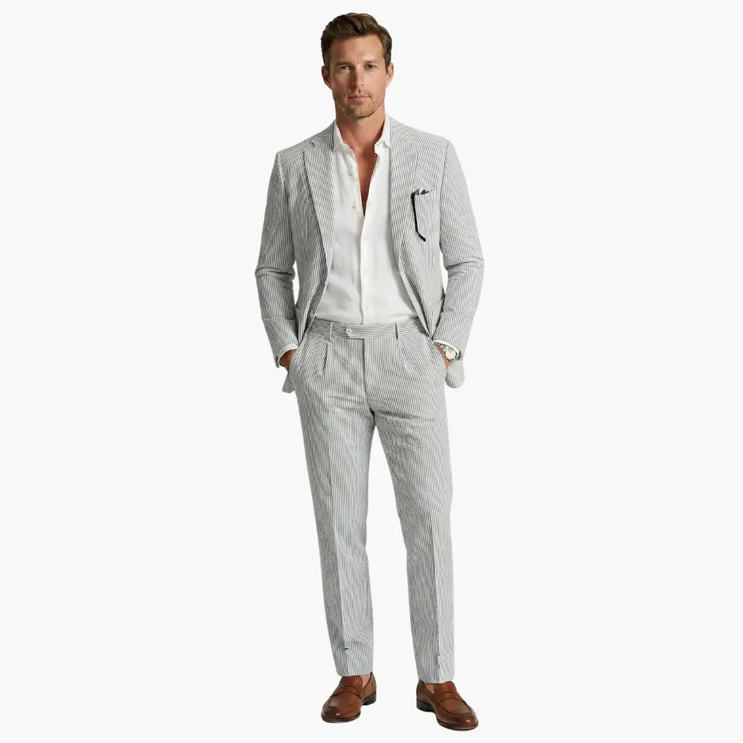 Vertical Striped Notched Lapel Slim Suit Set