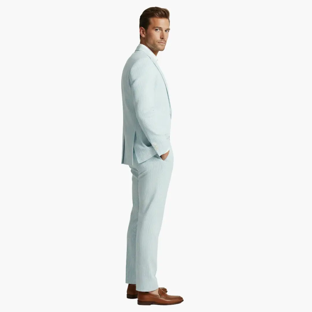 Vertical Striped Notched Lapel Slim Suit Set
