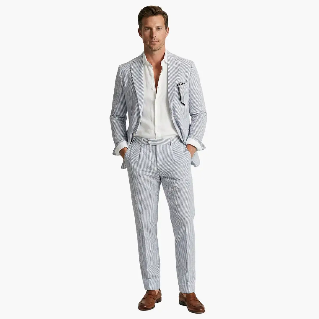 Vertical Striped Notched Lapel Slim Suit Set