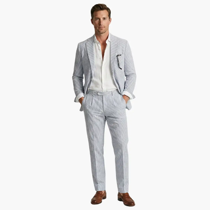 Vertical Striped Notched Lapel Slim Suit Set