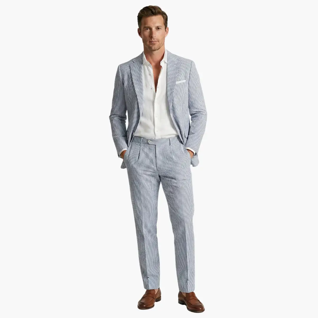 Vertical Striped Notched Lapel Slim Suit Set