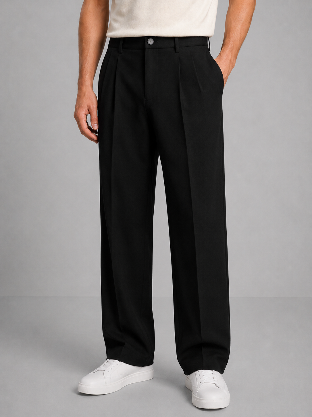 Pleated Creased Straight Pocketed Hemmed Trousers
