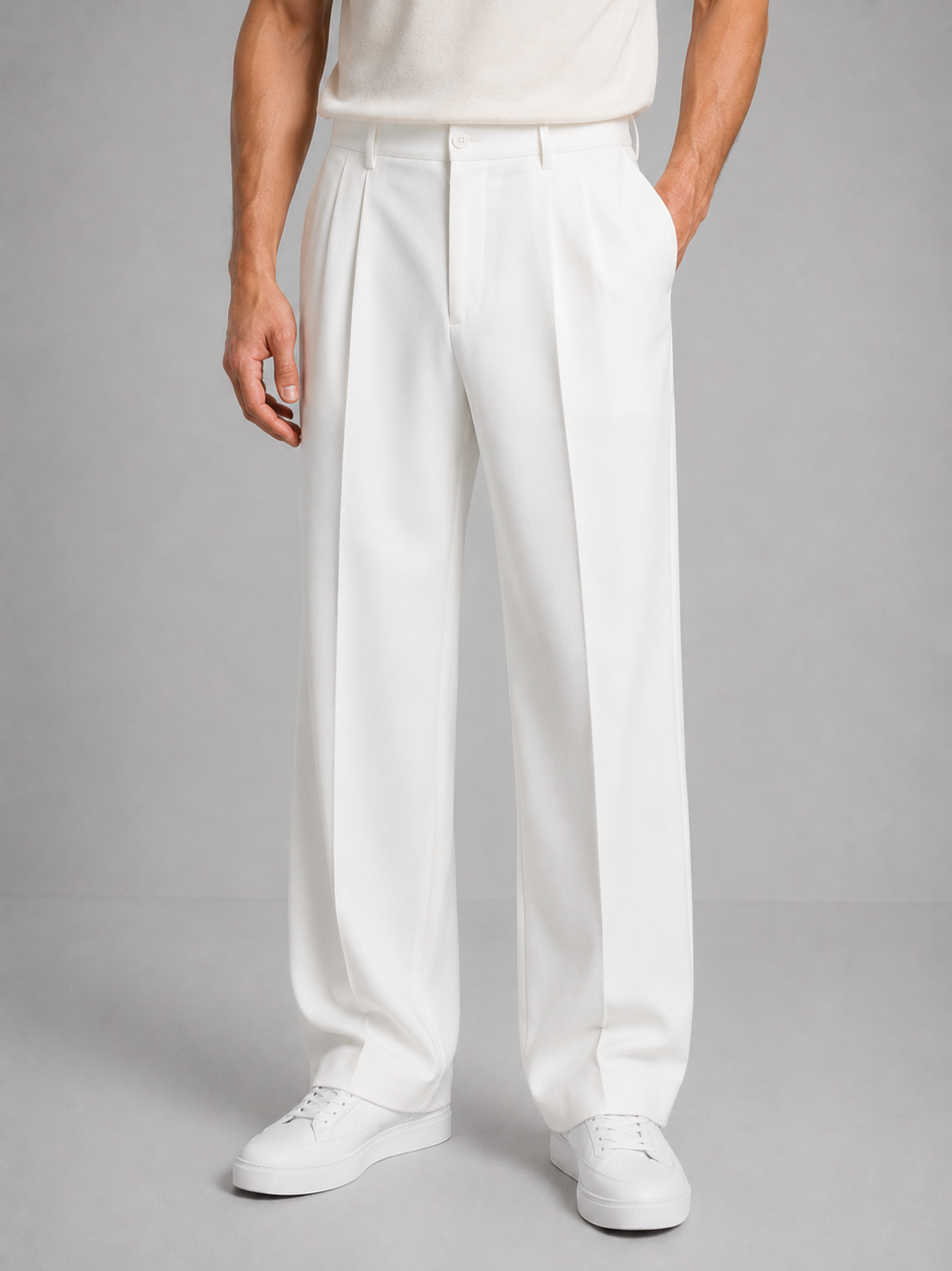 Pleated Creased Straight Pocketed Hemmed Trousers
