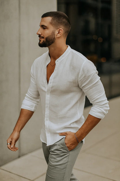 Solid Long Sleeve Mandarin Collar Button Up Shirt