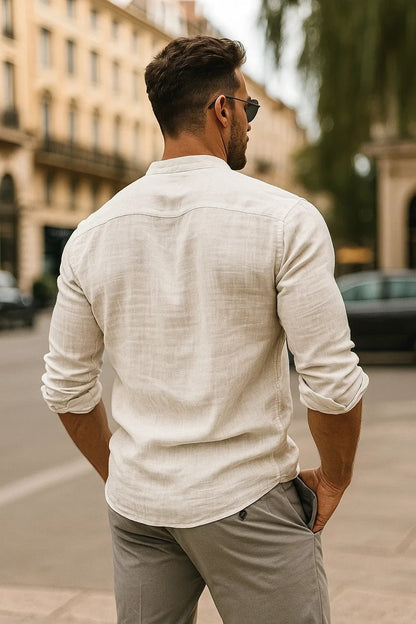 Solid Long Sleeve Mandarin Collar Button Up Shirt