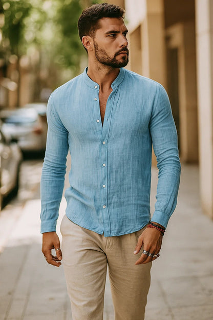 Solid Long Sleeve Mandarin Collar Button Up Shirt