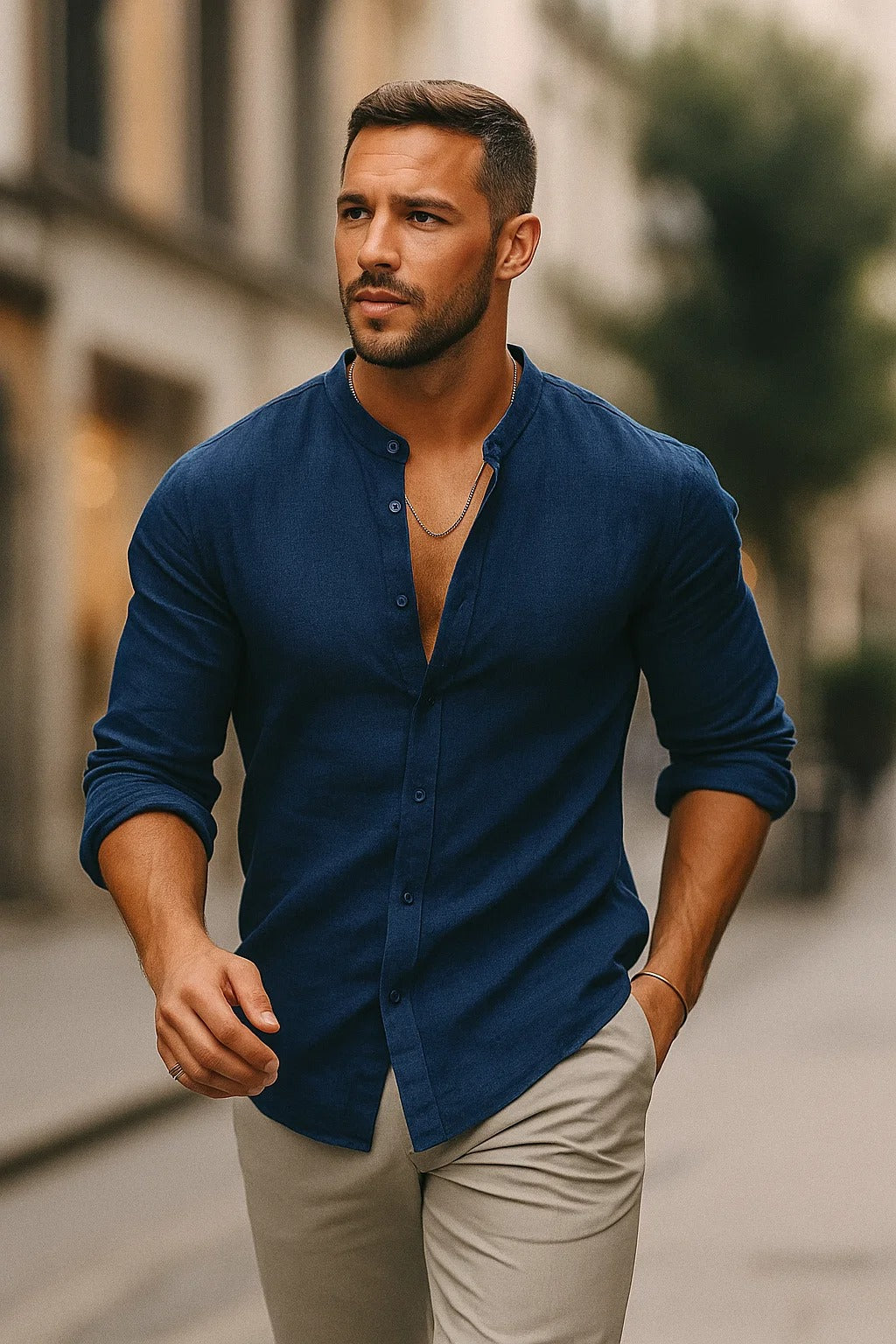 Solid Long Sleeve Mandarin Collar Button Up Shirt
