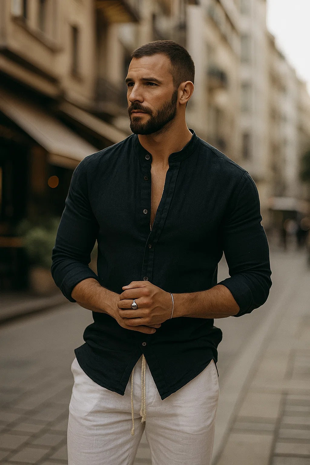 Solid Long Sleeve Mandarin Collar Button Up Shirt