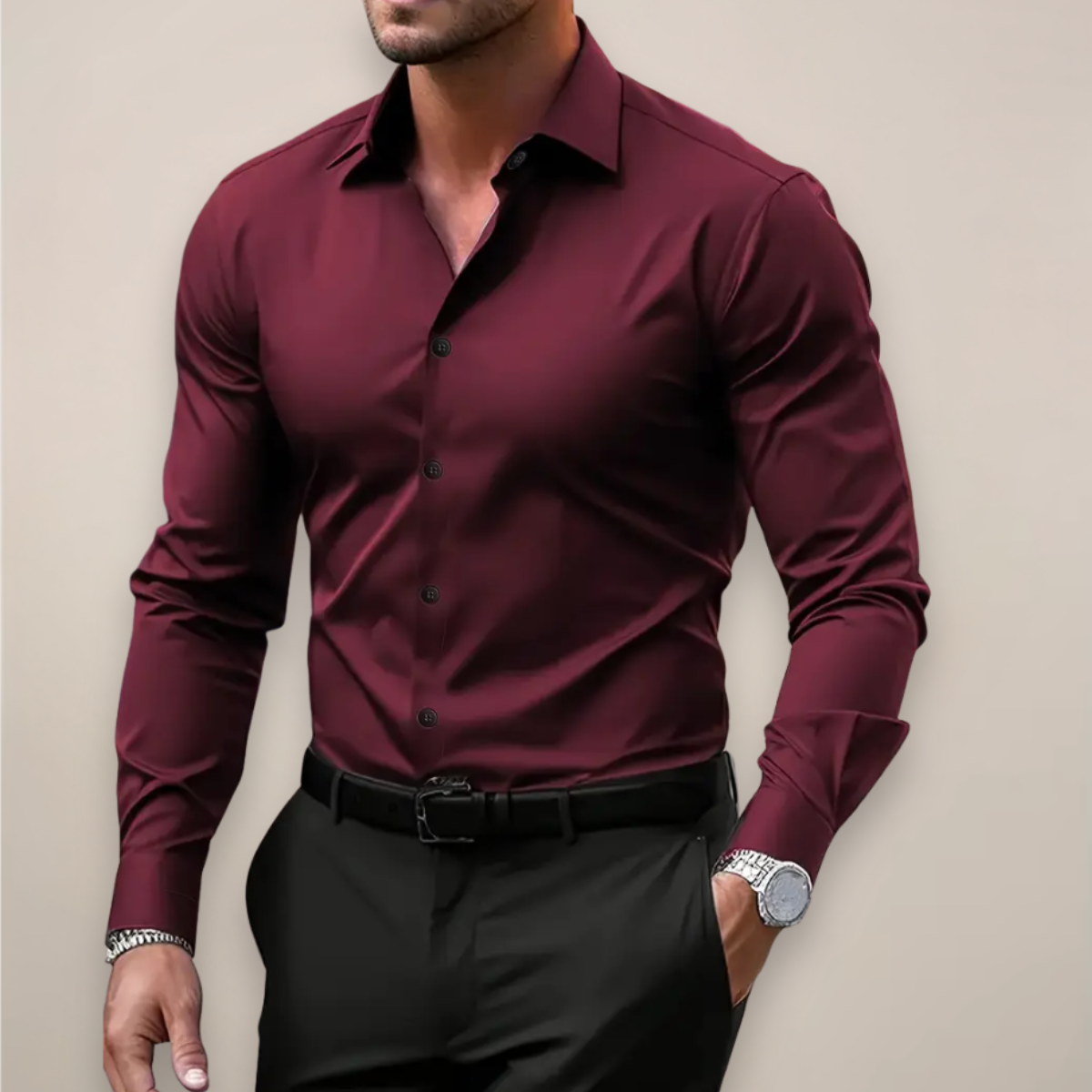 Slim Fit Long Sleeve Notched Collar Button Shirt