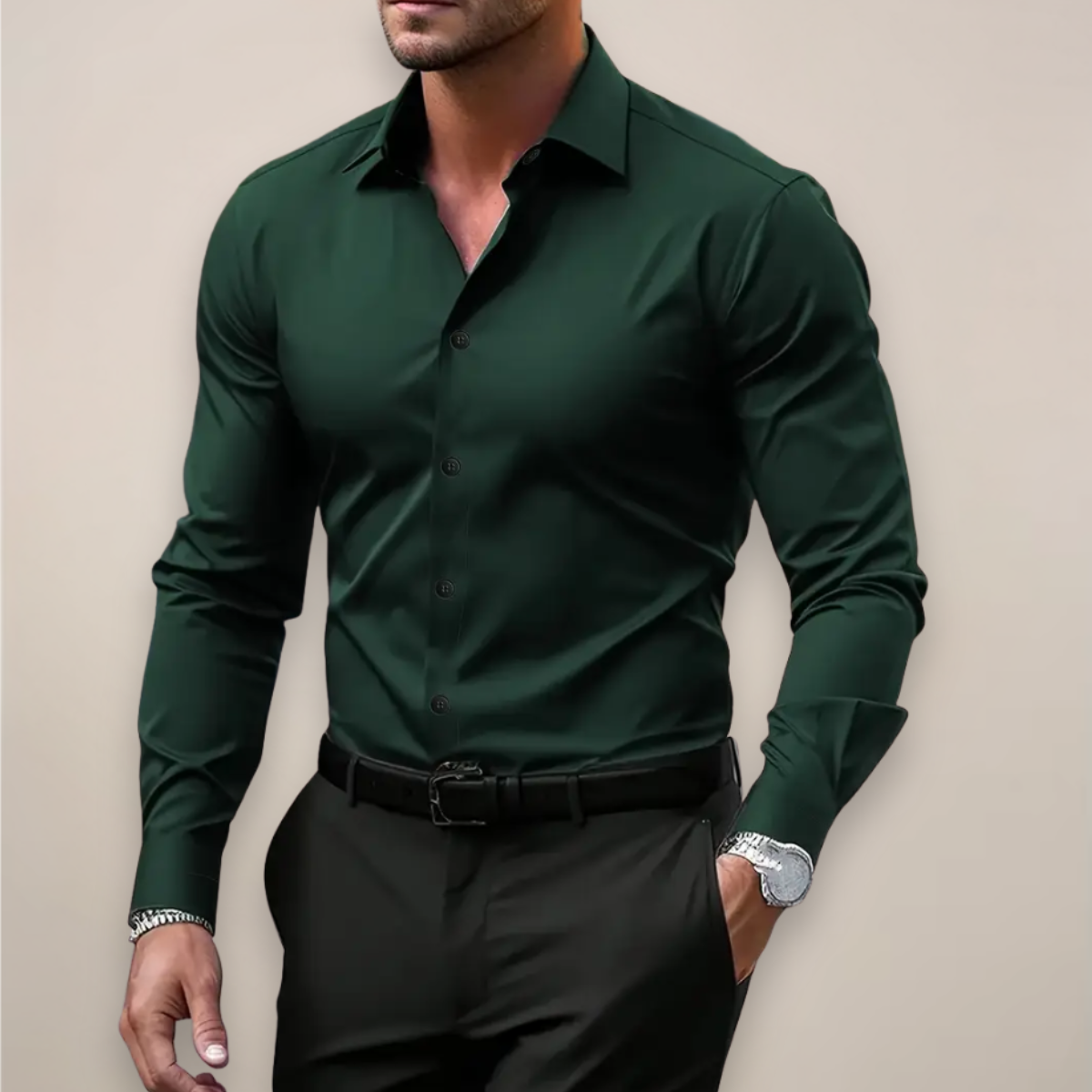 Slim Fit Long Sleeve Notched Collar Button Shirt
